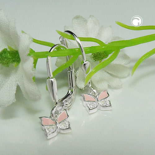Ear leverback earrings 19x6mm butterfly painted pink with zirconia silver 925