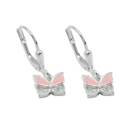 Ear leverback earrings 19x6mm butterfly painted pink with zirconia silver 925