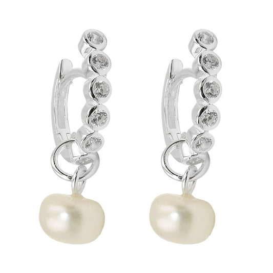 Hoop earring 24x3mm hinged 7mm half-round freshwater cultured pearl with 5 zirconias silver 925