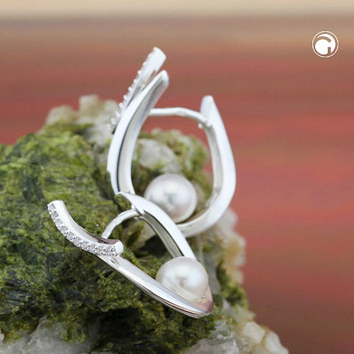 Earring Hoop hinged 23x15mm with zirconias and cultured pearl silver 925