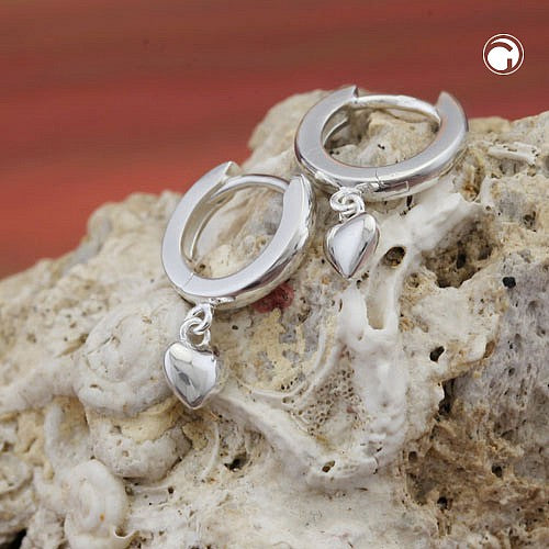 Earring Hoop 17x12x2mm hinged small heart shiny silver 925