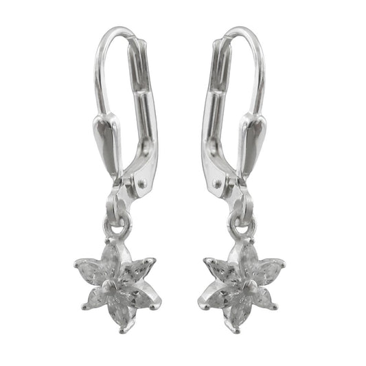 Ear leverback earrings 23x6mm flower or star zirconia silver 925