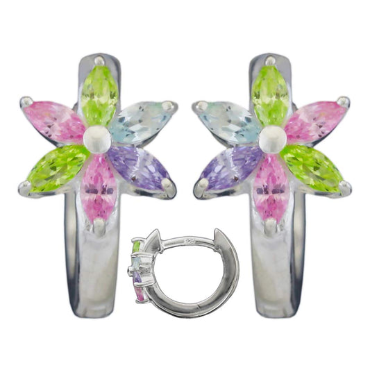 Hoop earrings 13x1.7mm hinged flower colored zirconias shiny silver 925