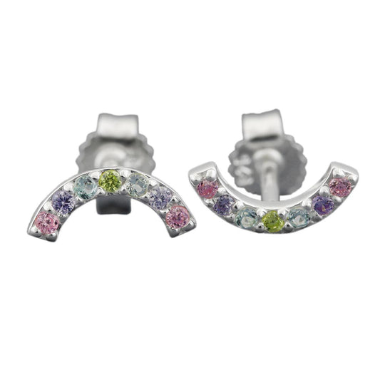 Stud earring 9x4mm semicircle with colored zirconias silver 925