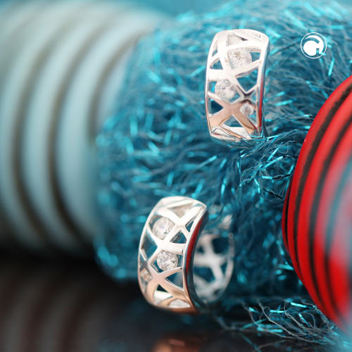 Earring Hoop 18x7mm hinged grid with zirconias shiny silver 925