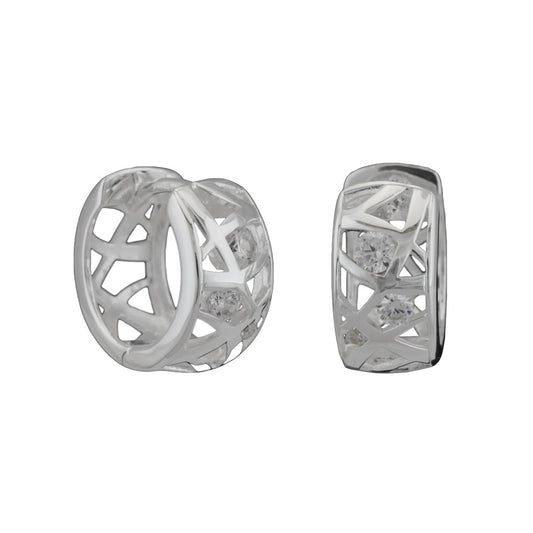 Earring Hoop 18x7mm hinged grid with zirconias shiny silver 925
