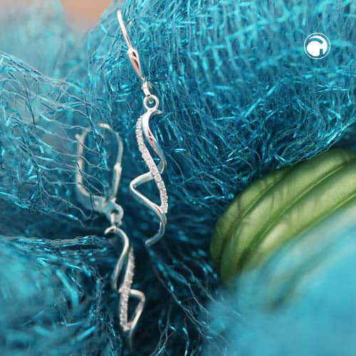 Ear clip earrings 37x6mm curved twisted with zirconias silver 925