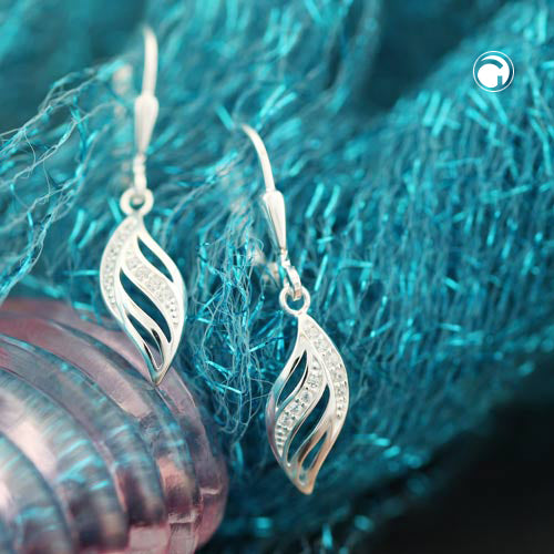 Ear leverback earrings 30x6mm leaf shape with zirconias silver 925