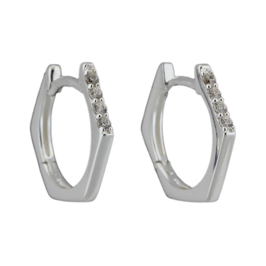 Earring Hoop 15x14x1,5mm folding hinge hexagonal 4 white zirconias silver 925