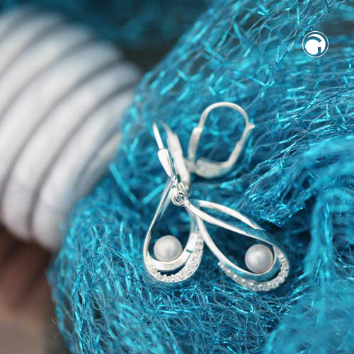 Ear clip earrings 34x9mm freshwater cultured pearl with zirconias silver 925