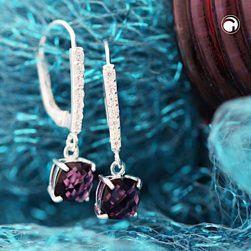 Ear leverback earrings earrings 26x6mm glass stone amethyst colored with zirconias silver 925