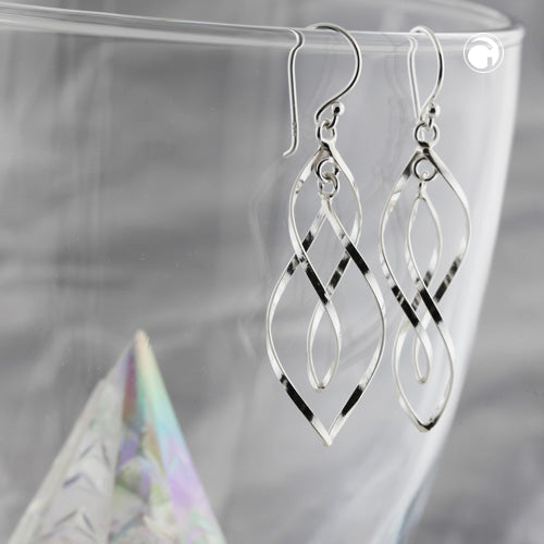 Ear hook earring 45x13mm 2x pointed oval twisted shiny silver 925