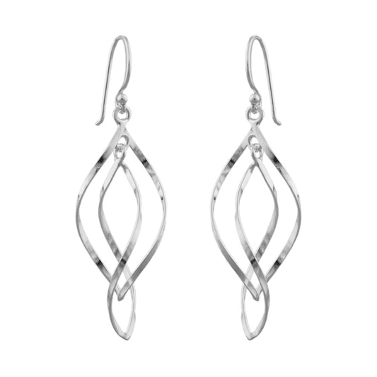 Ear hook earring 45x13mm 2x pointed oval twisted shiny silver 925