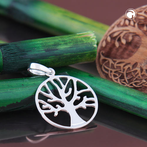 Pendant 18mm Tree of Life circular shiny silver 925
