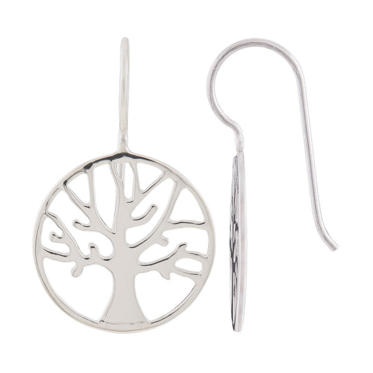 Ear hook earring 28x18mm tree of life circular shiny silver 925