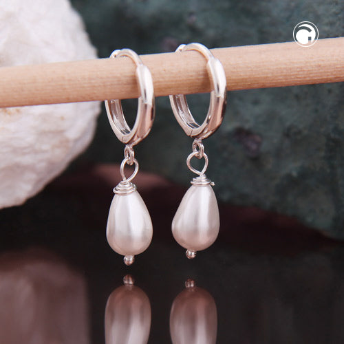 Hoop earring 27x6mm hinged with drop imitation pearl silver 925