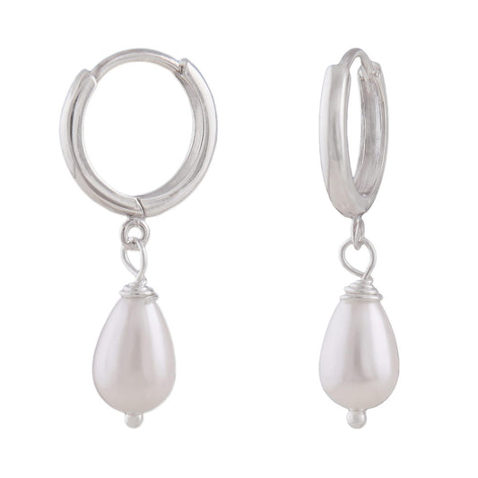 Hoop earring 27x6mm hinged with drop imitation pearl silver 925
