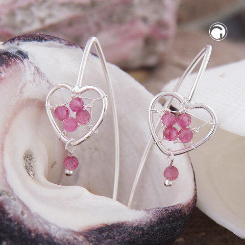 Ear hook earring 33x10.5mm heart with braid and pink glass stones silver 925