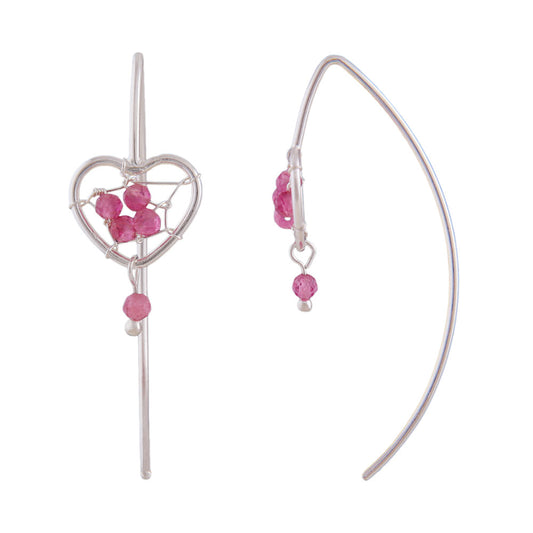 Ear hook earring 33x10.5mm heart with braid and pink glass stones silver 925
