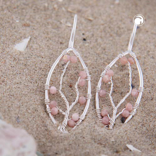 Ear hook earring 37x12.5mm pointed oval with braid and pink stones rhodonite silver 925