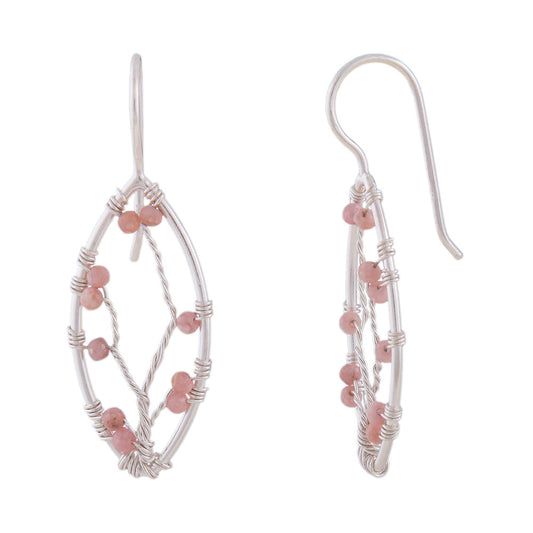 Ear hook earring 37x12.5mm pointed oval with braid and pink stones rhodonite silver 925