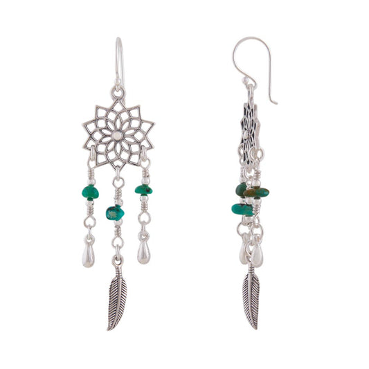 Ear hook earring 62x16mm mandala with feathers and small turquoise stones silver 925