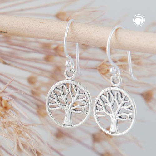 Ear hook earring 24x11mm tree of life circular shiny silver 925