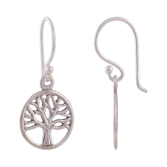 Ear hook earring 24x11mm tree of life circular shiny silver 925
