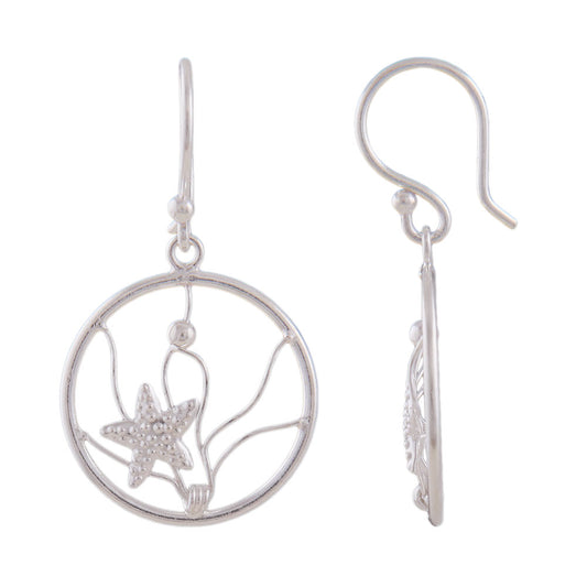 Ear hook earring 32x18mm ring with filigree mesh starfish and ball silver 925