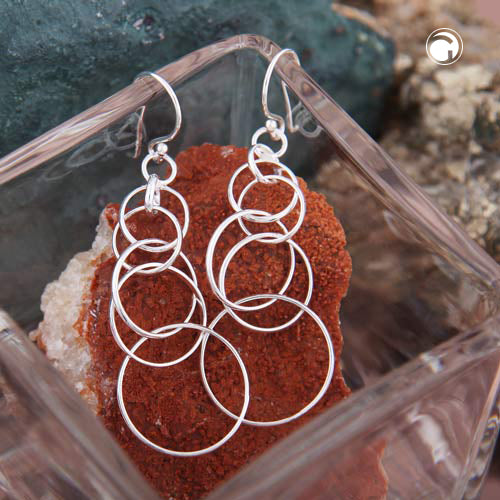 Ear hook earring 50x16.5mm with 6 movable rings each silver 925