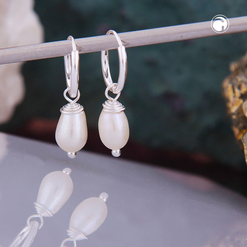 Hoop earring 18x5mm wire hoop with plug closure and pendant freshwater cultured pearl shiny silver 925