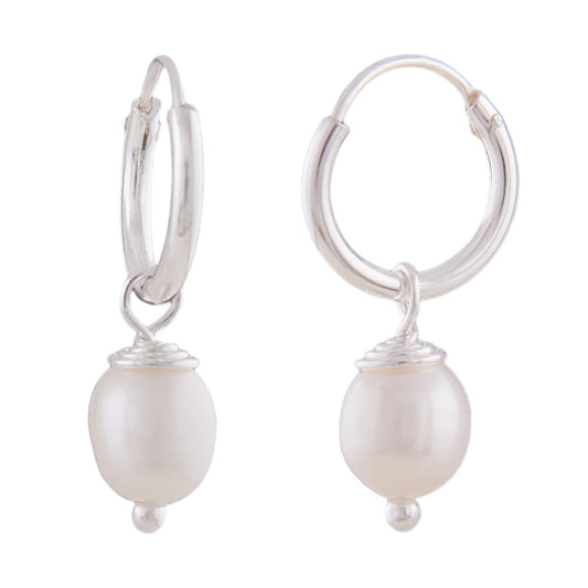 Hoop earring 18x5mm wire hoop with plug closure and pendant freshwater cultured pearl shiny silver 925