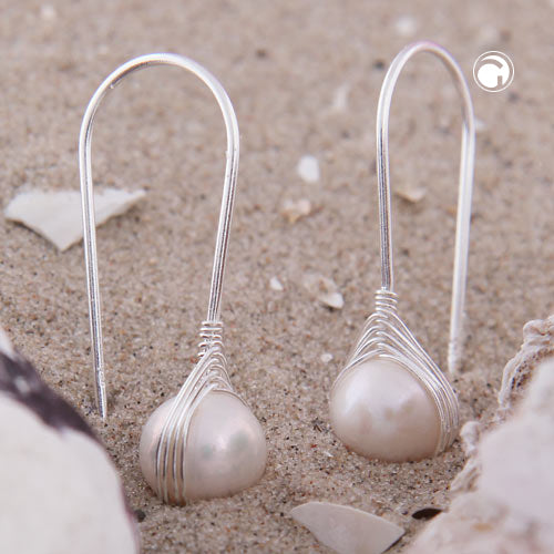 Ear hook earring 28x8mm fixed braided freshwater cultured pearl silver 925