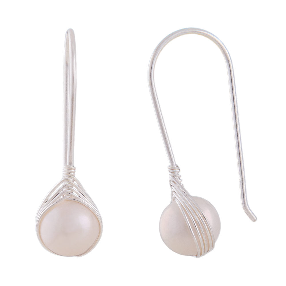 Ear hook earring 28x8mm fixed braided freshwater cultured pearl silver 925