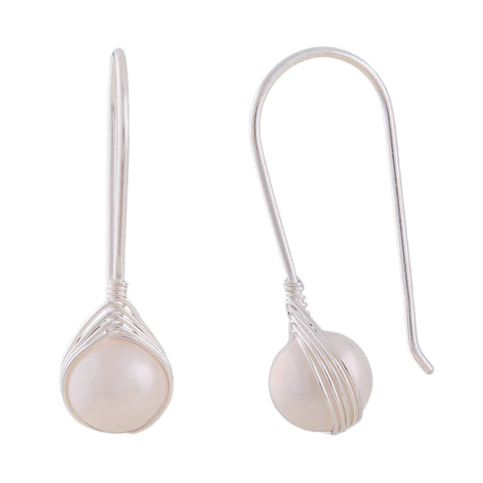 Ear hook earring 28x8mm fixed braided freshwater cultured pearl silver 925