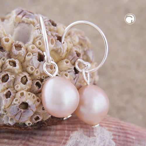 Ear hook earring 24x9mm freshwater cultured pearl rose-colored silver 925