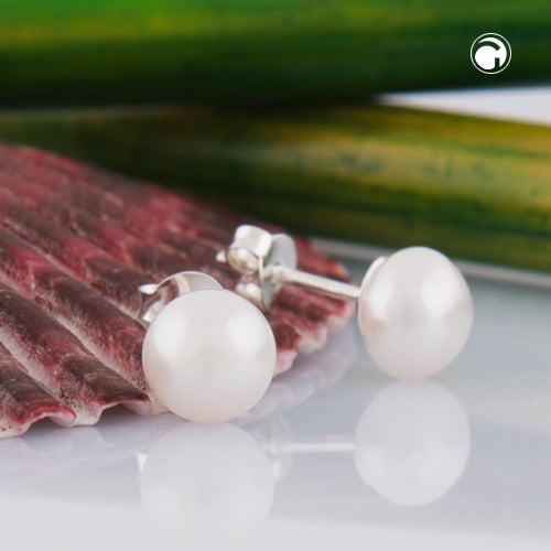 Stud earrings approx. 6x5mm freshwater cultured pearl white flat silver 925