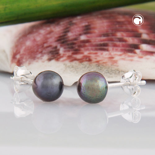 Stud earring approx. 6mm freshwater cultured pearl dark green unround silver 925