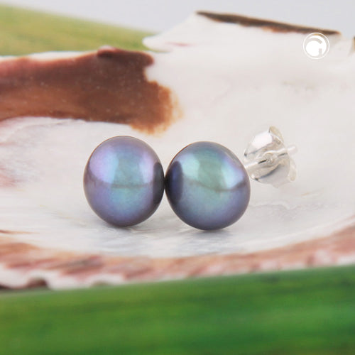 Stud earrings approx. 8x6mm freshwater cultured pearl dark green flat silver 925