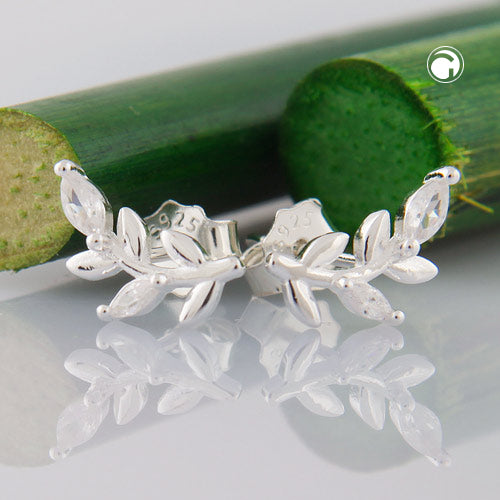 Stud earring 11x6mm leaf with zirconias silver 925