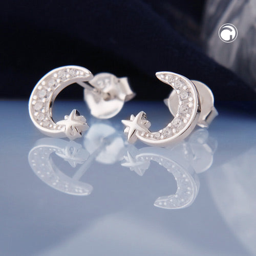 Stud earring 8x7.5mm half moon with zirconias and star silver 925