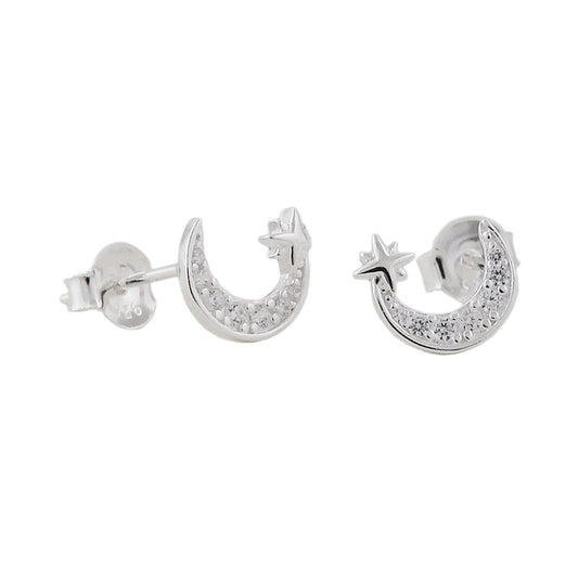 Stud earring 8x7.5mm half moon with zirconias and star silver 925
