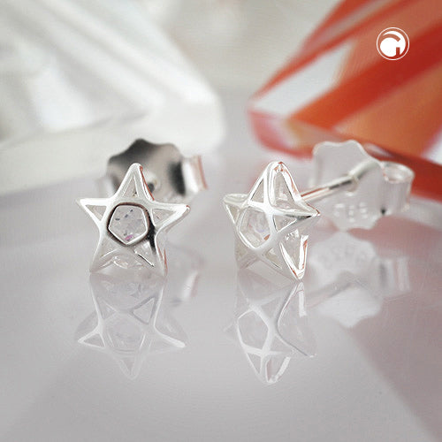 Stud earrings 6mm star pentagram zirconia white silver 925
