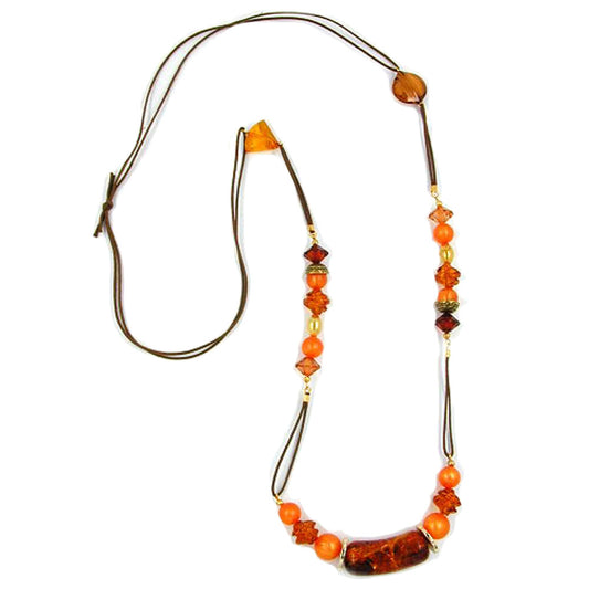 Necklace plastic beads brown-crash orange-brown-gold cord brown 90cm