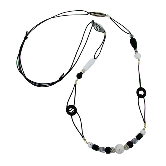 Necklace plastic beads black-white cord black 105cm