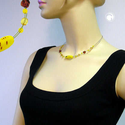 Necklace wire chain with glass beads olive matte yellow-brown 42cm