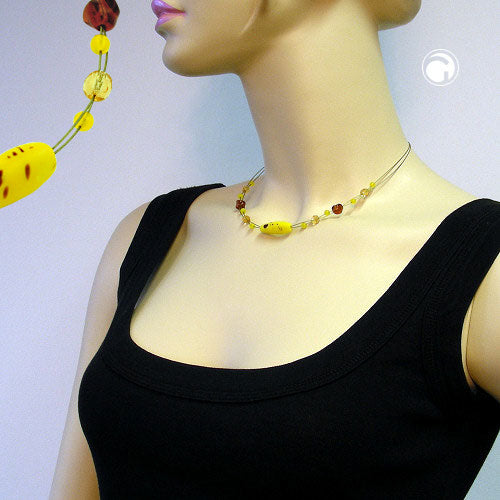 Necklace wire chain with glass beads olive matte yellow-brown 42cm