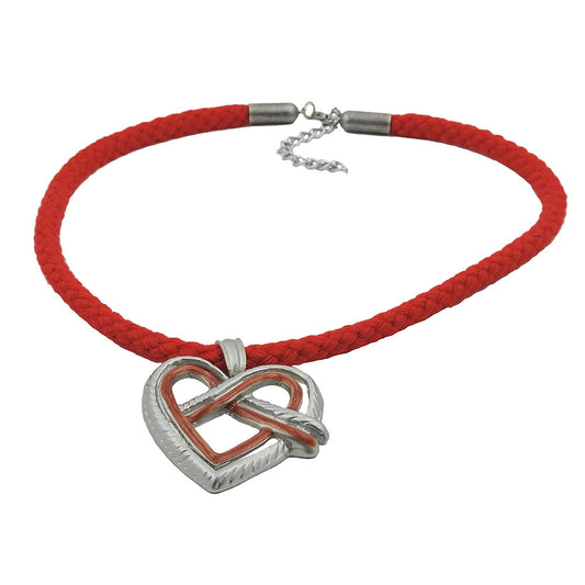 Chain country style pendant metal cast heart pretzel red-silver-grey cord red 45cm
