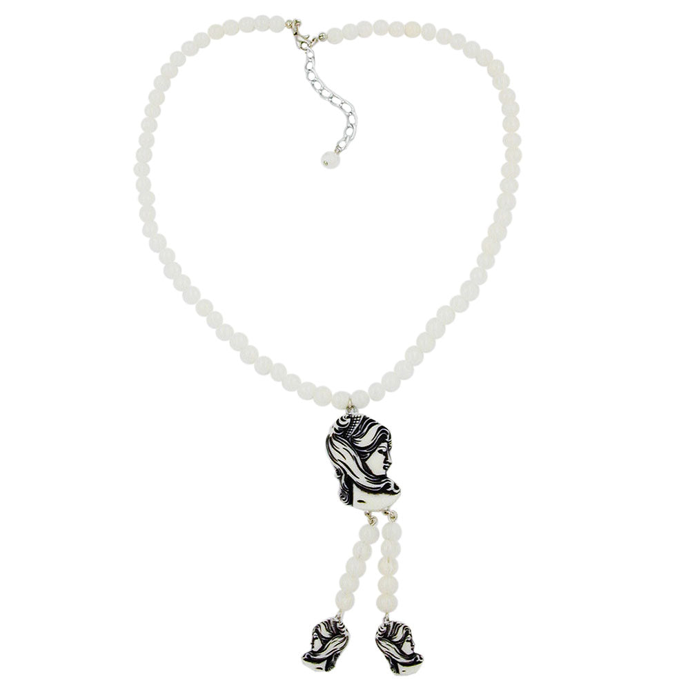 Necklace Y-shape Camée beige-black plastic beads ivory-marbled 45cm