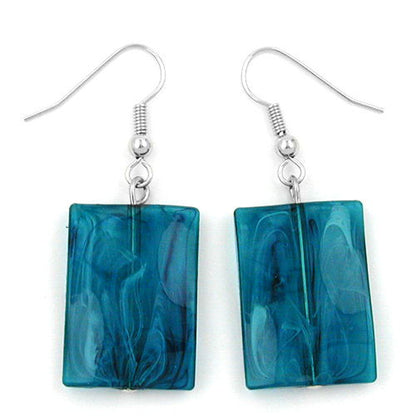 Ear hook earrings 45x17mm square plastic wavy petrol-marbled shiny